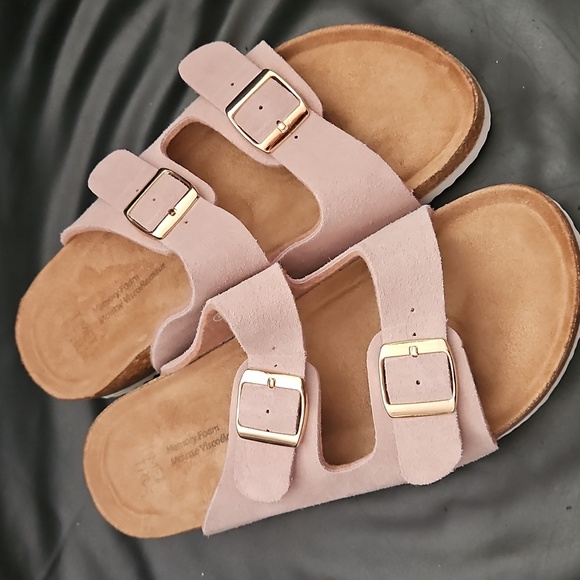 Time & Tru Randi Neutral Blush Suede Slide Sandals with Buckles Sz 8US New - Picture 3 of 8